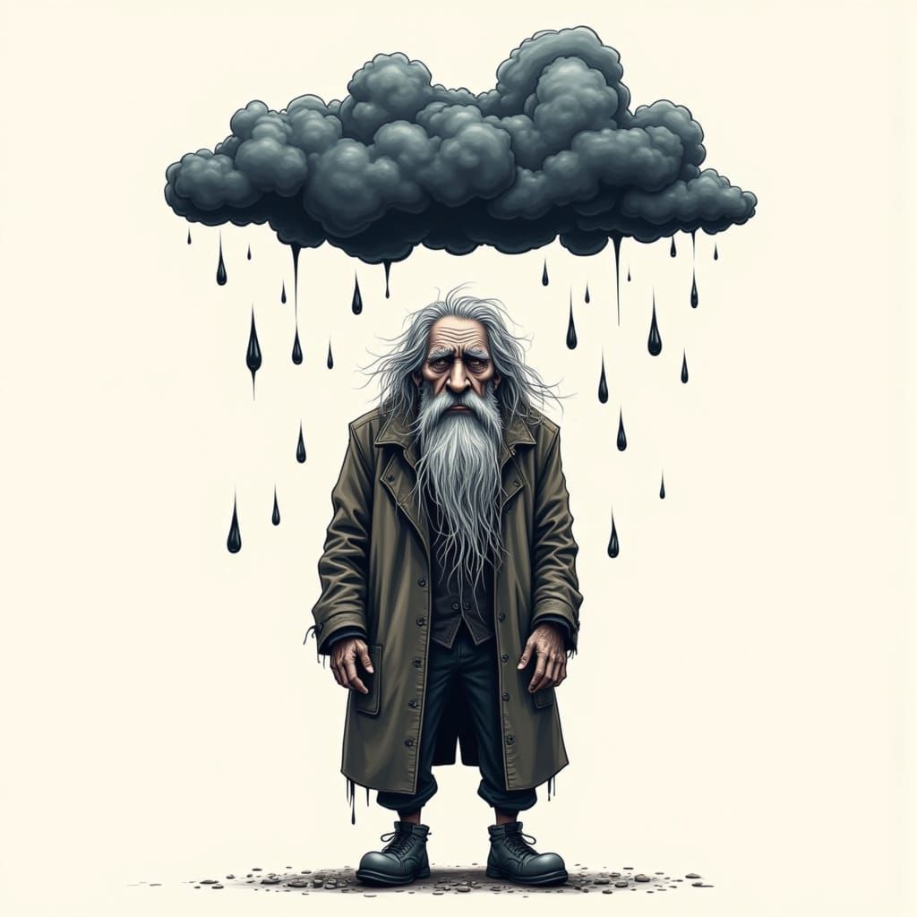 Cartoon Old Man Under Single Rain Cloud