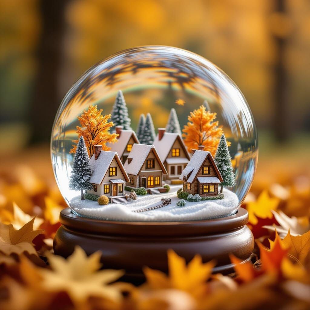 Autumn Leaves Fall on A-Frame Village in Snowglobe