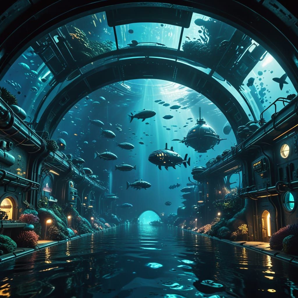 Underwater City: Submarine View of Glowing Dome