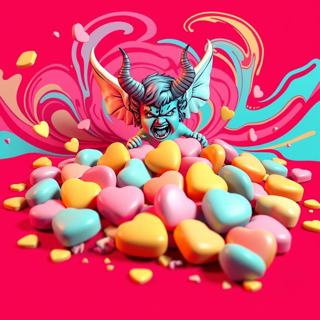 Surreal Pastel Candy Hearts Collide with Fierce Cupid in Fut...