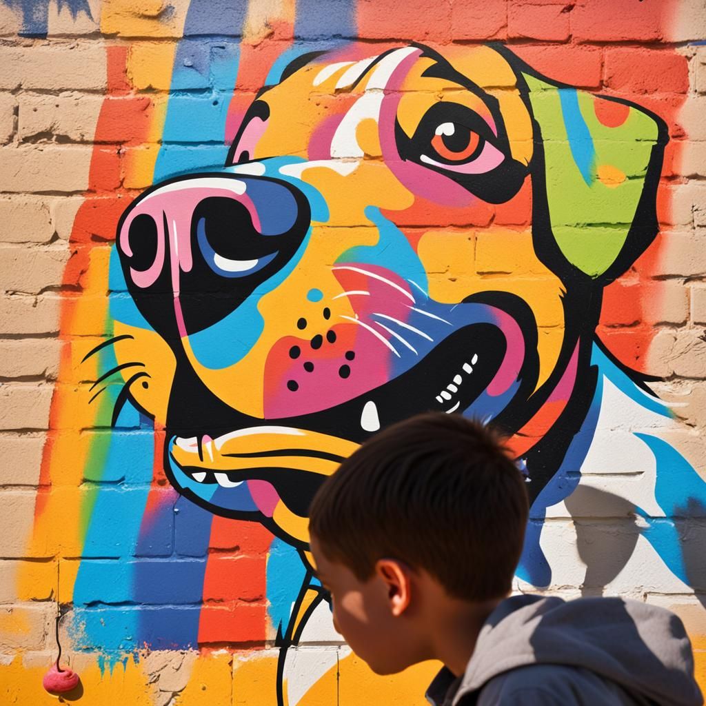 Boy Watching Dog Graffiti in Stencil Art Style