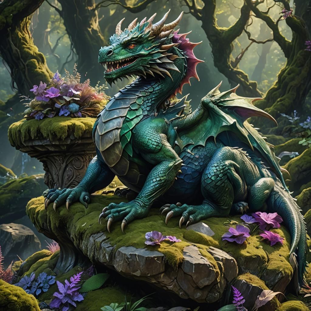 Pregnant Dragon in Mystical Forest, Fantasy Art