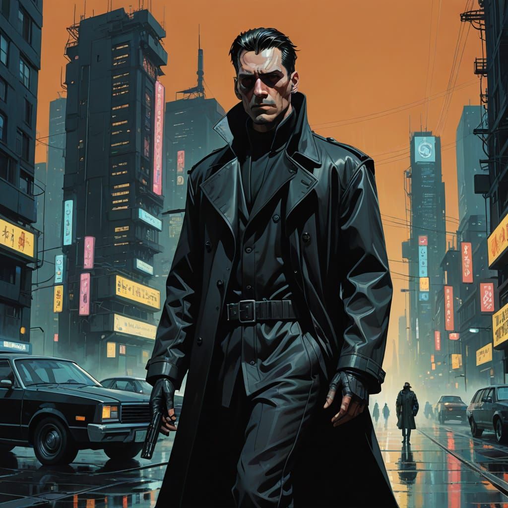 Cyberpunk Noir Figure in Futuristic Dystopia