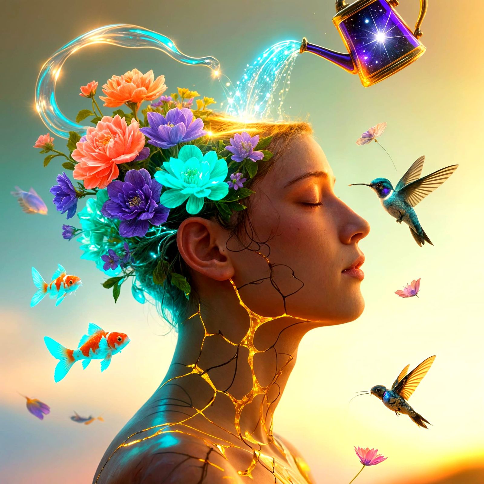 Meditative Figure Blooms with Cosmic Flowers