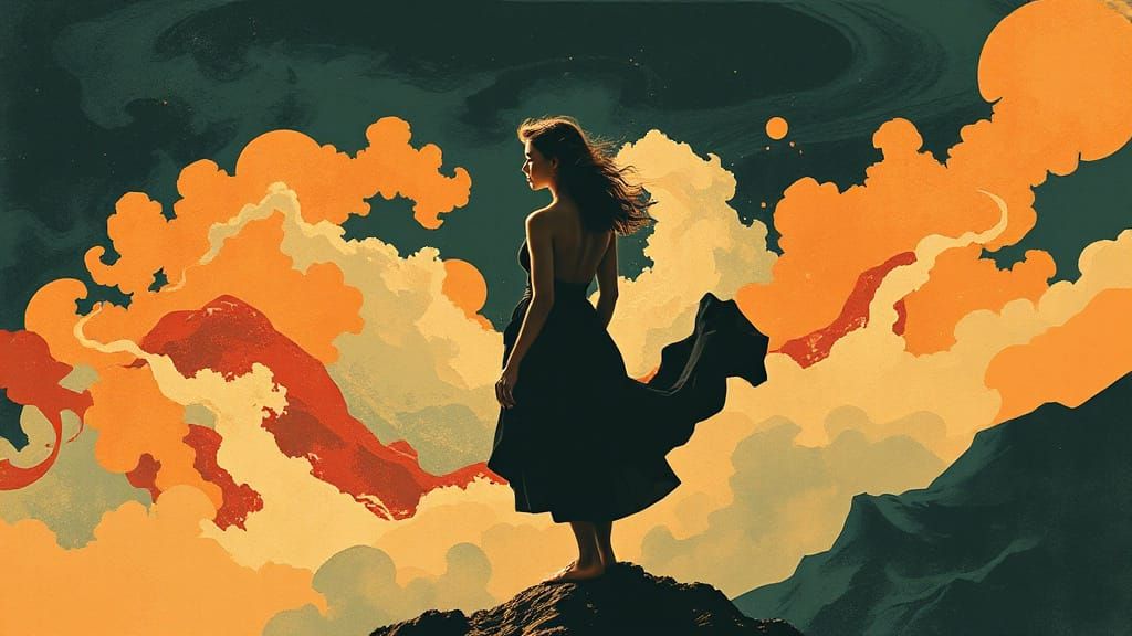 Woman Gazing at Abstract Sea in Vintage Poster Style