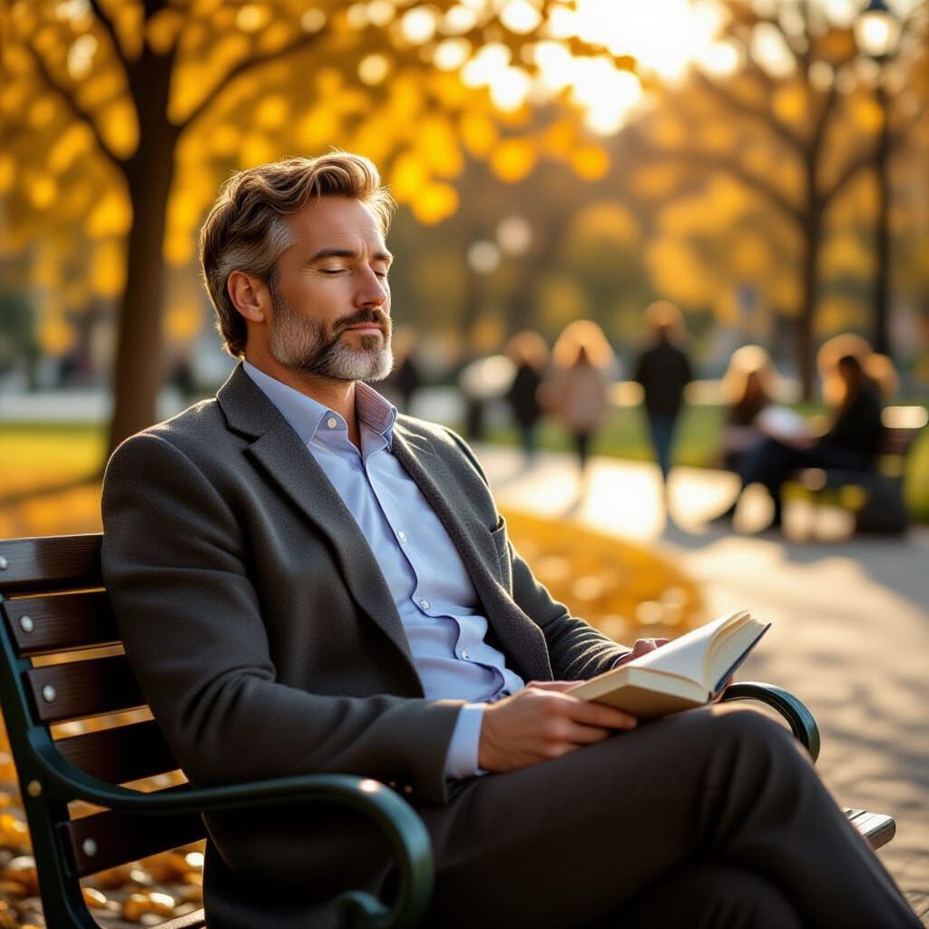 Man in Park Bench Serene Autumn Afternoon Cinematic Photo