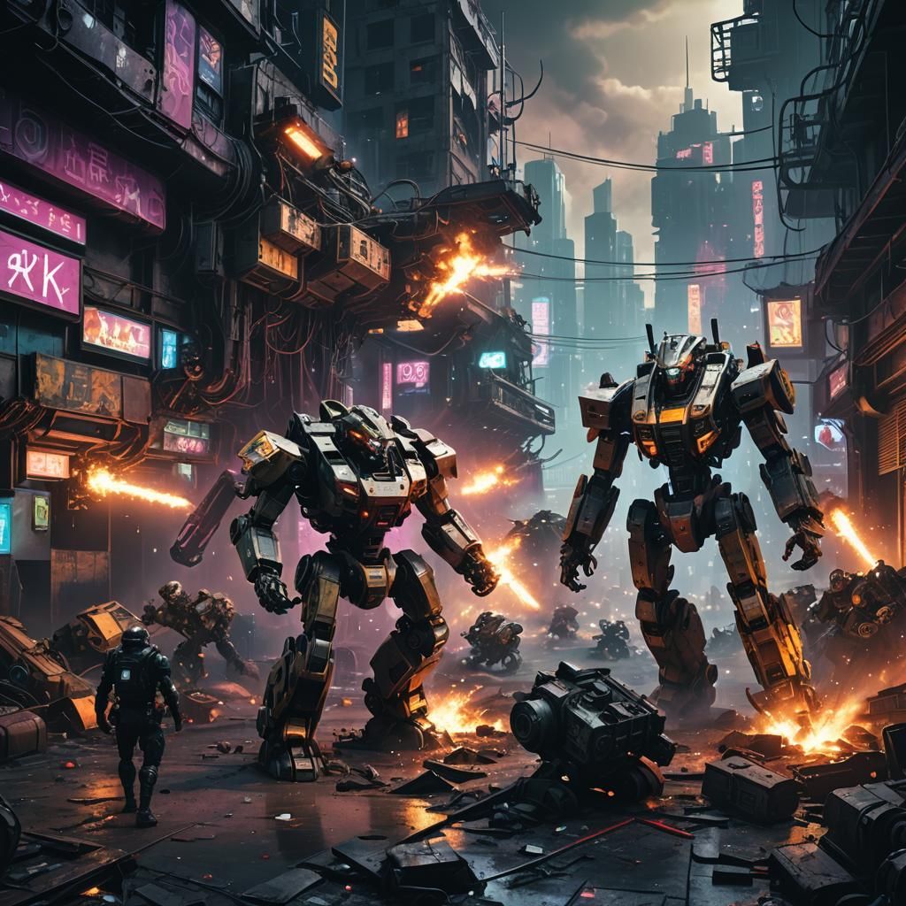Cyberpunk Mechs Fight in Ruined Neon City