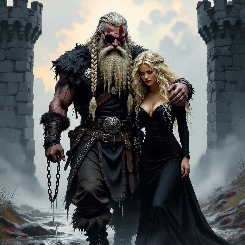 Viking Leader Emerges from Castle in Dark Fantasy Style