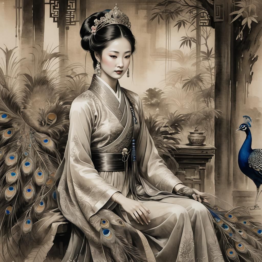 Chinese Princess with Peacock in Ink Wash Painting