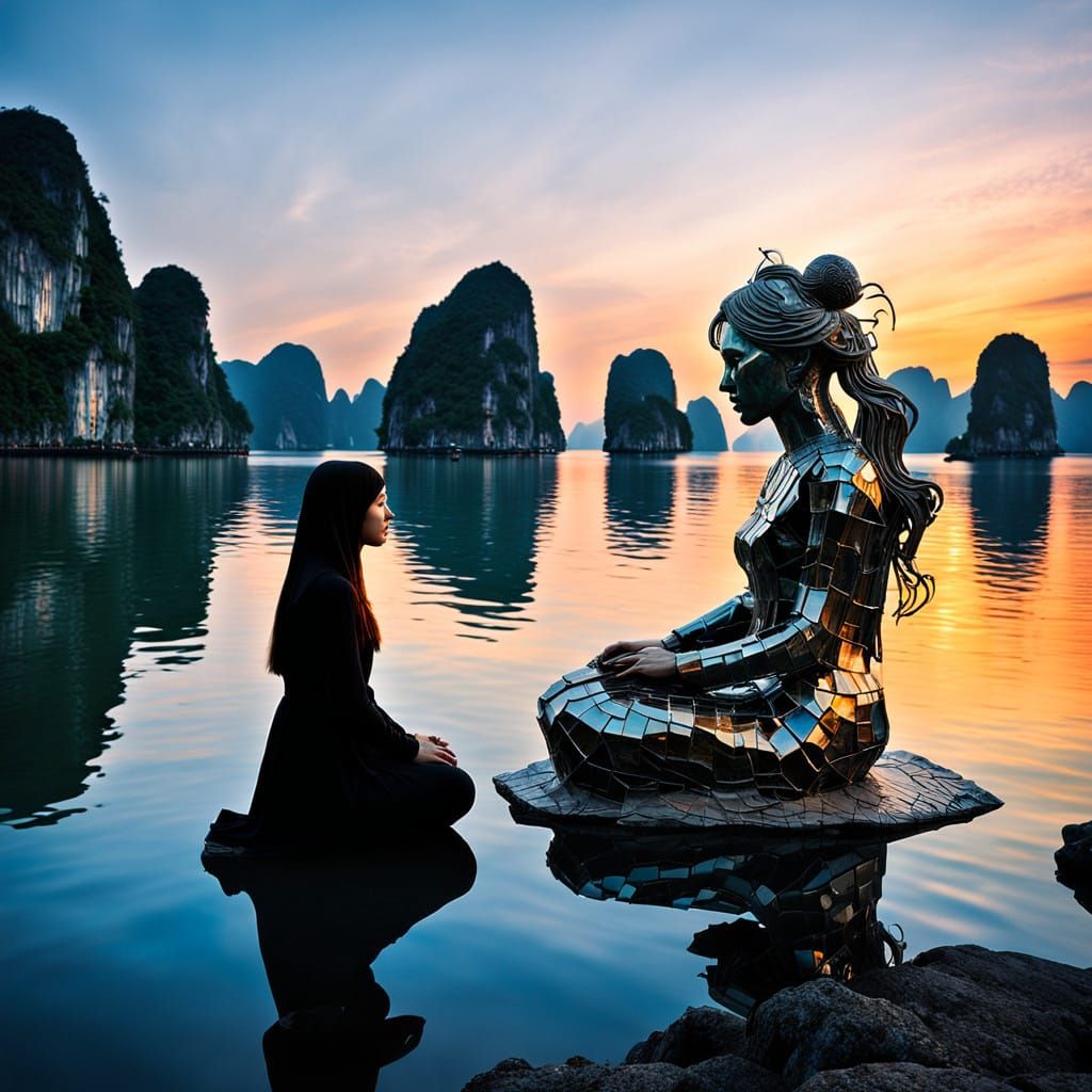 Surreal Ha Long Bay Landscape with Bio Art Elements and Symb...
