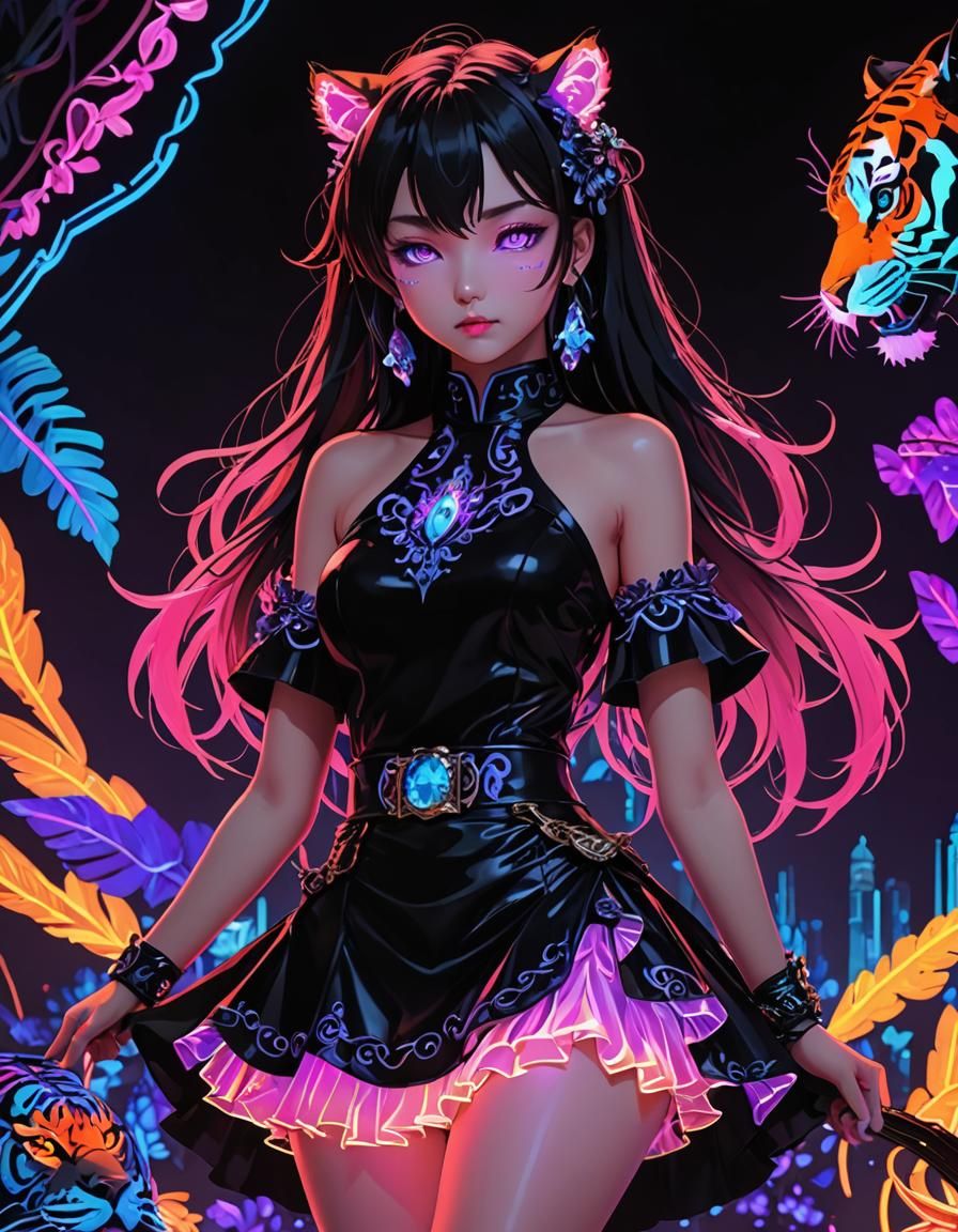 Neon Pastel Goth Tiger Dress in Anime Style