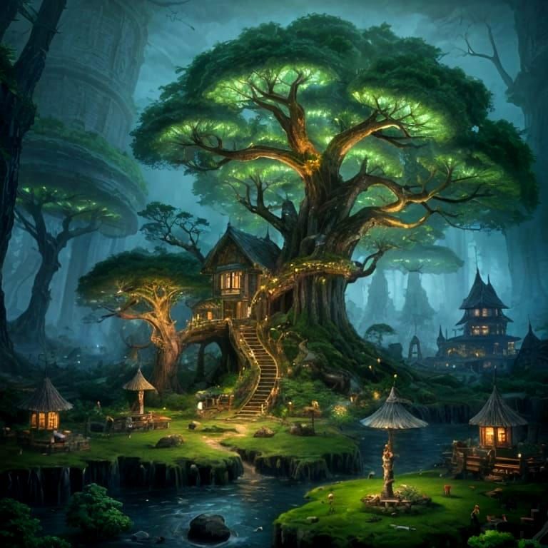 Elven Village with Bioluminescent Waterfalls in Fantasy Styl...