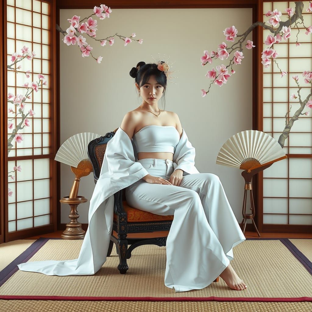Geisha in White Jeans with Cherry Blossoms