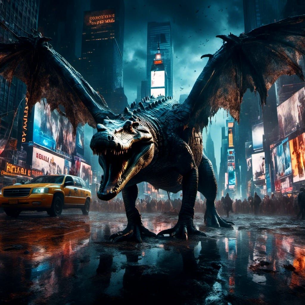 Winged Crocodile Tears Over Times Square at Midnight