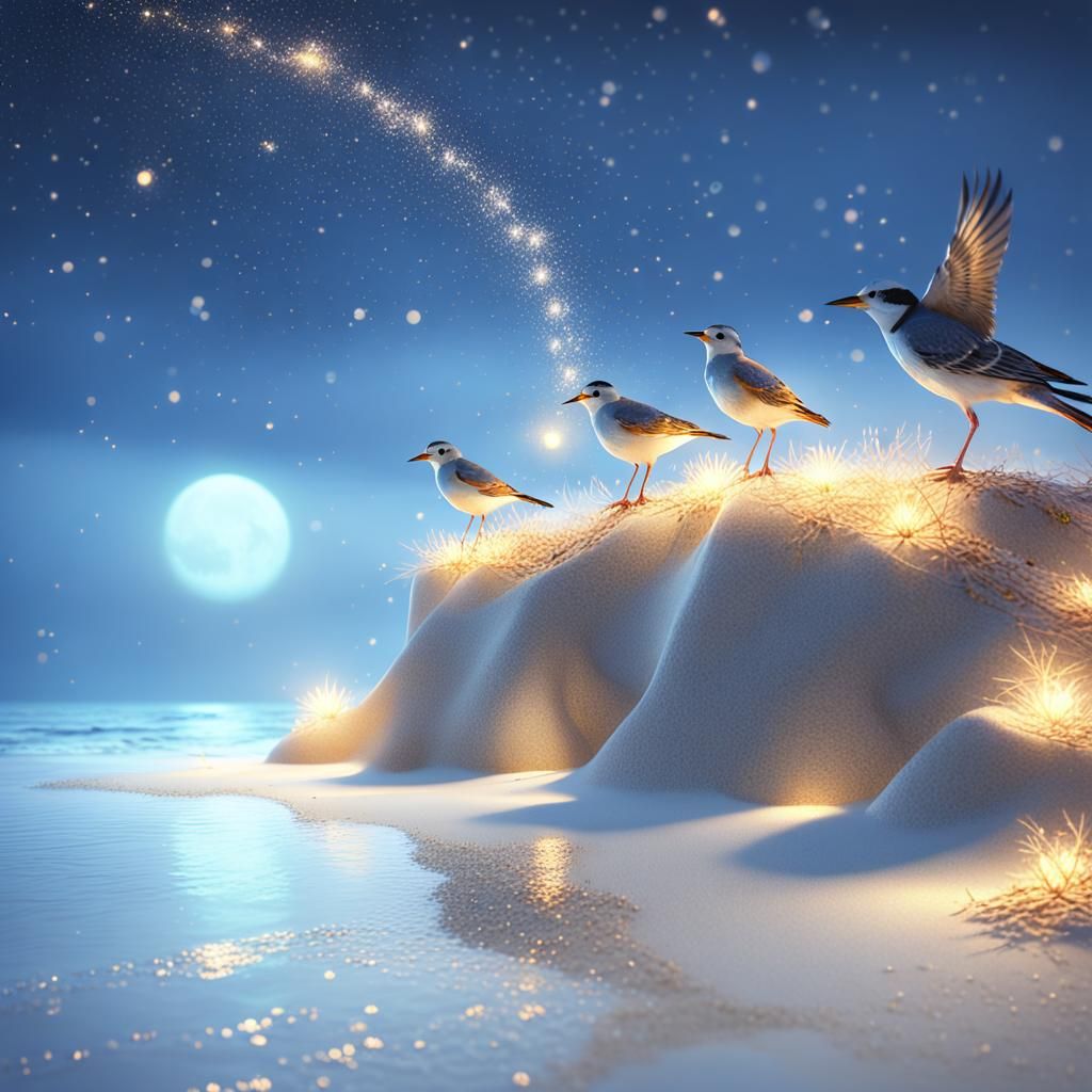 Heavenly Sea Birds with Twinkling Lights in Hyper-Detailed S...