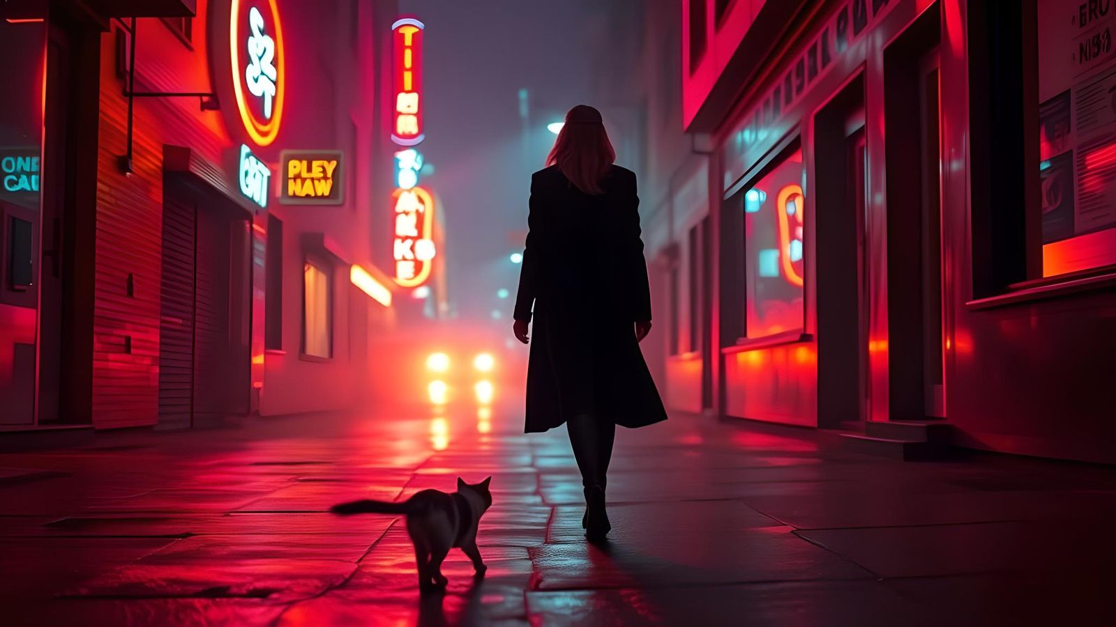 Neon Alley: Confident Woman and Cat at Night