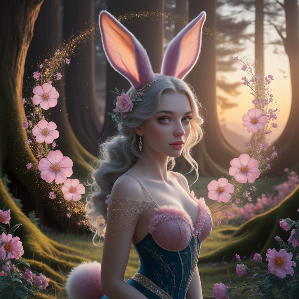 Enchanting Woman-Rabbit Hybrid in Magical Forest