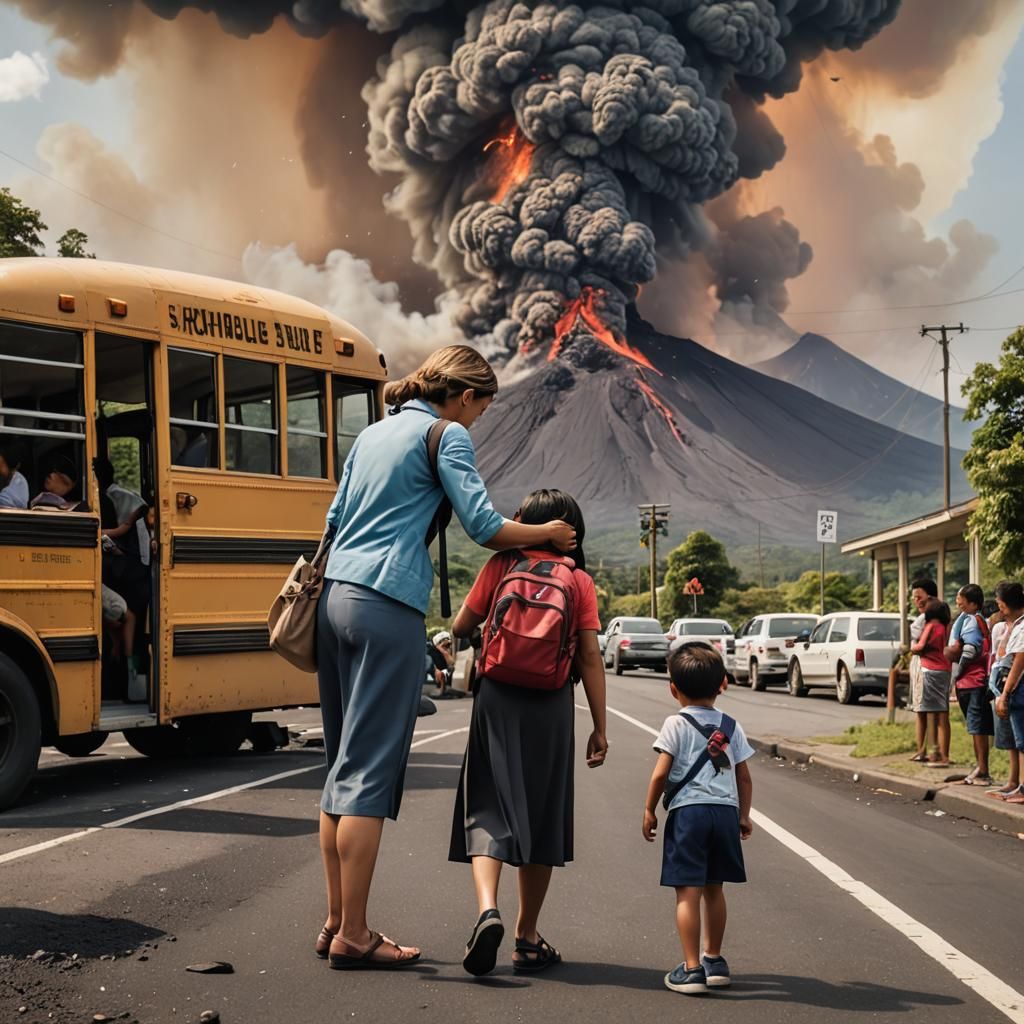 Emotional First Day: Mother, Child, and Volcano