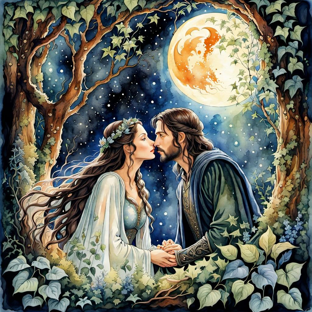 Arwen and Aragorn: Secret Meeting Watercolor Art