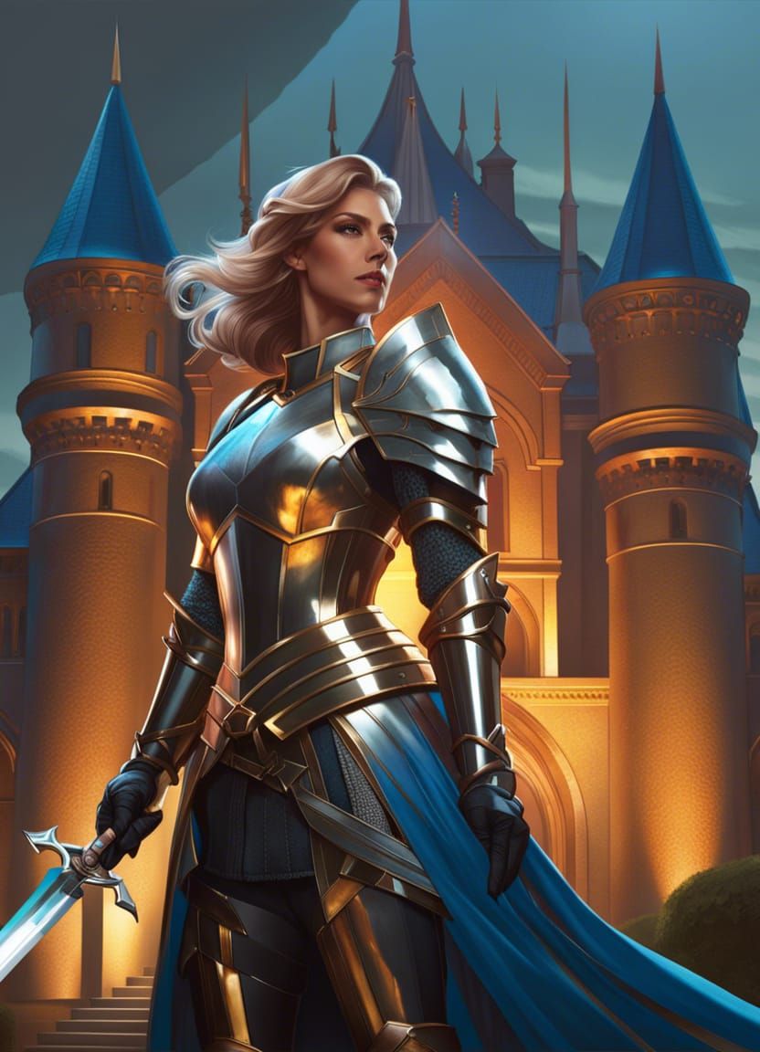 Elegant Lady Knight Portrait with Castle Background