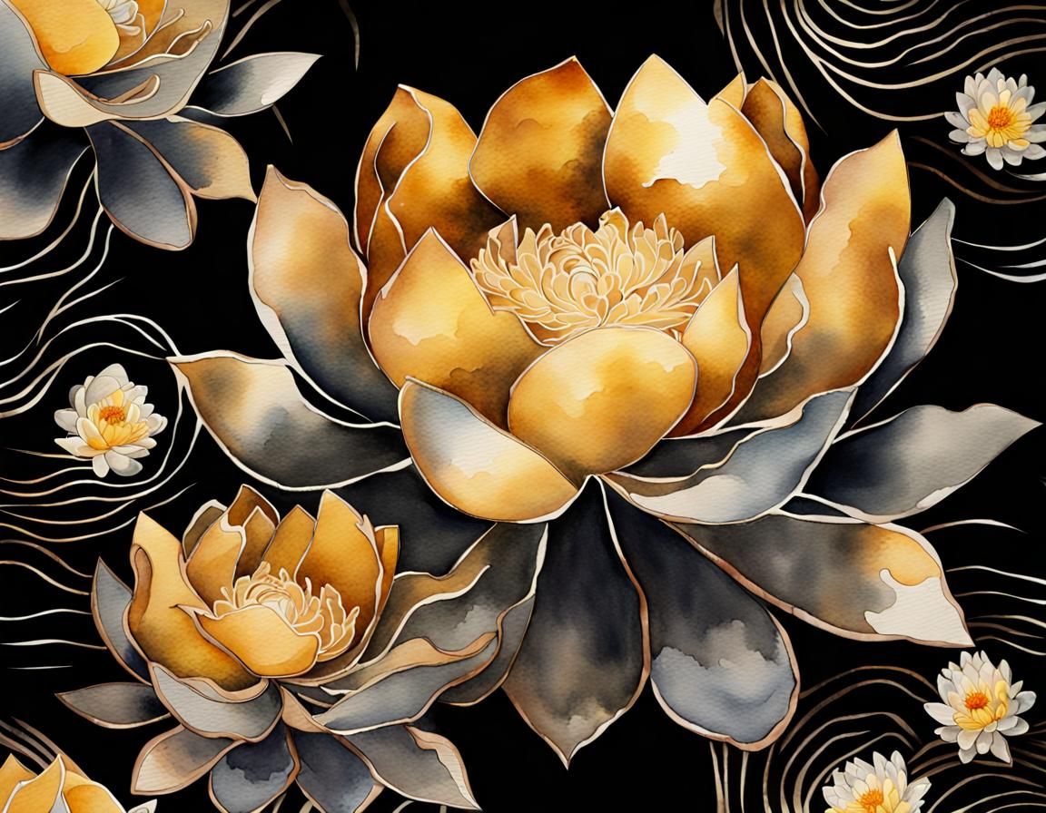 Gold Peonies and Silver Lotus Watercolor Painting