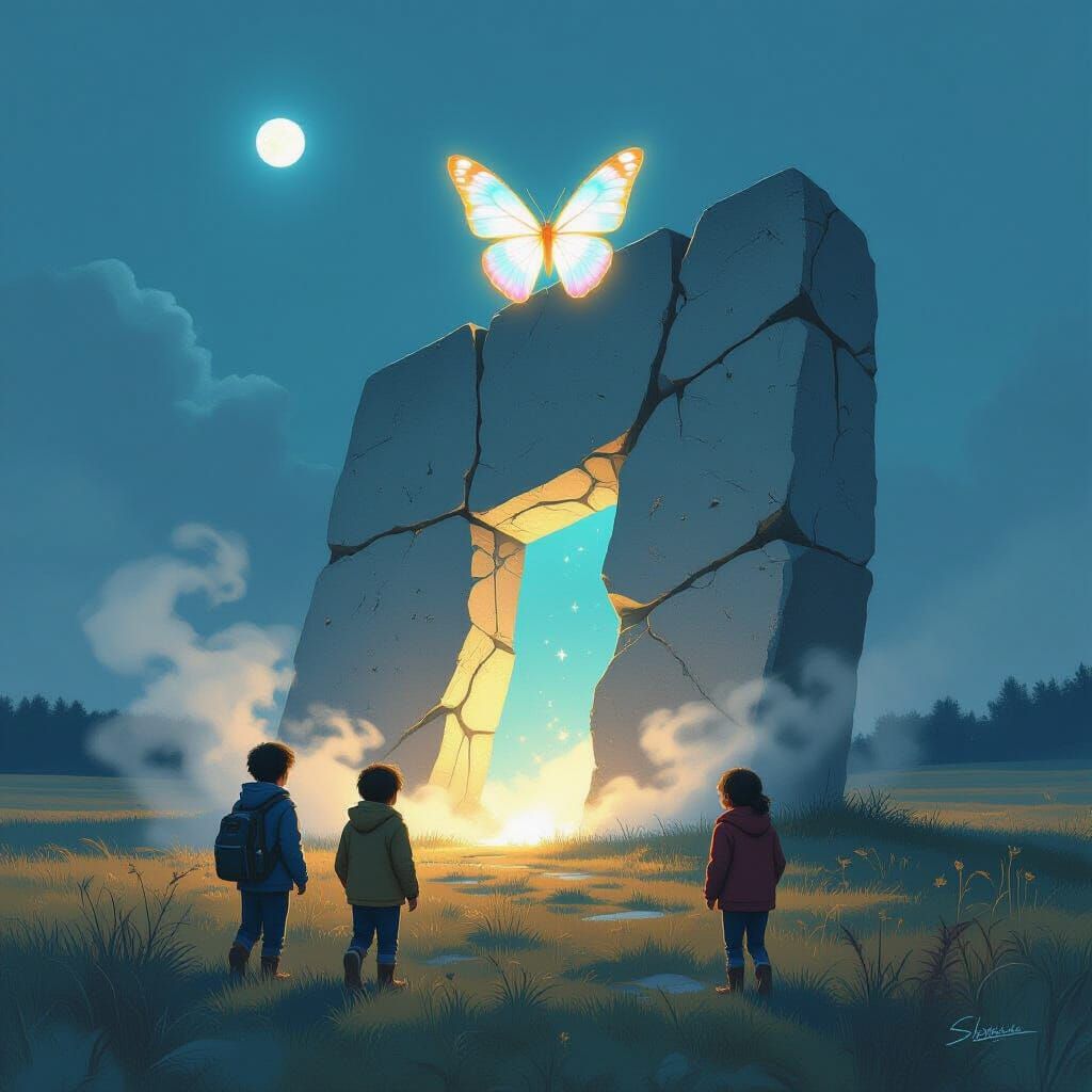 Children Discover Portal in Concrete Slab, Airbrush Style