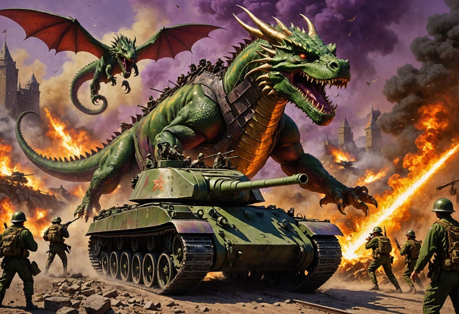 Dark Fantasy World War 2 Sherman Tank Dragon Escape