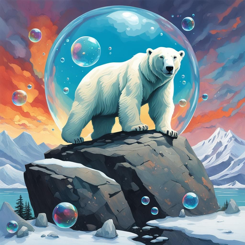 Polar Bear and Bubble: Vibrant Winter Fantasy Art