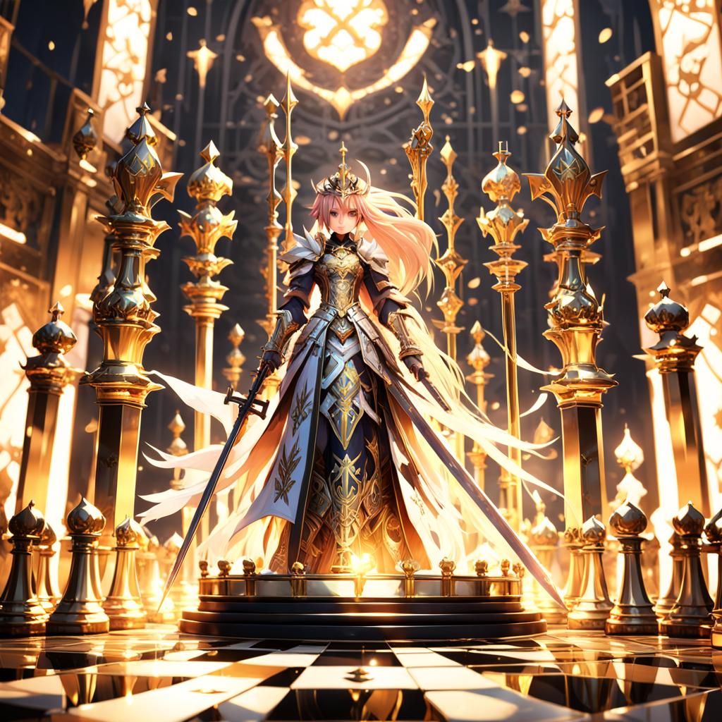 Anime Queen with Swords on Chessboard in 3D