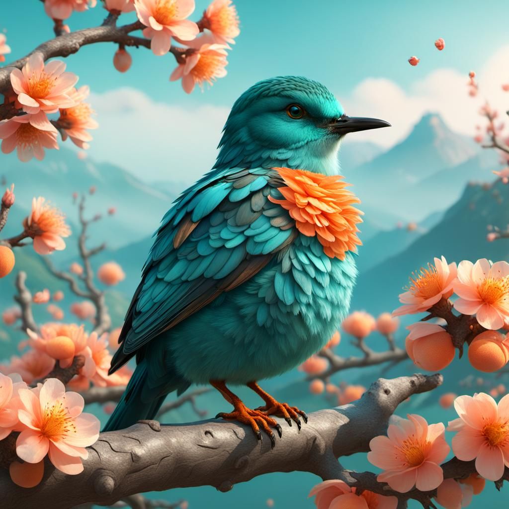 Teal and Orange Bird among peach flowers