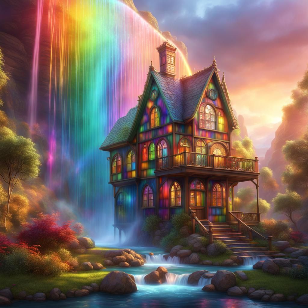 Rainbow Stained Glass House by Waterfall
