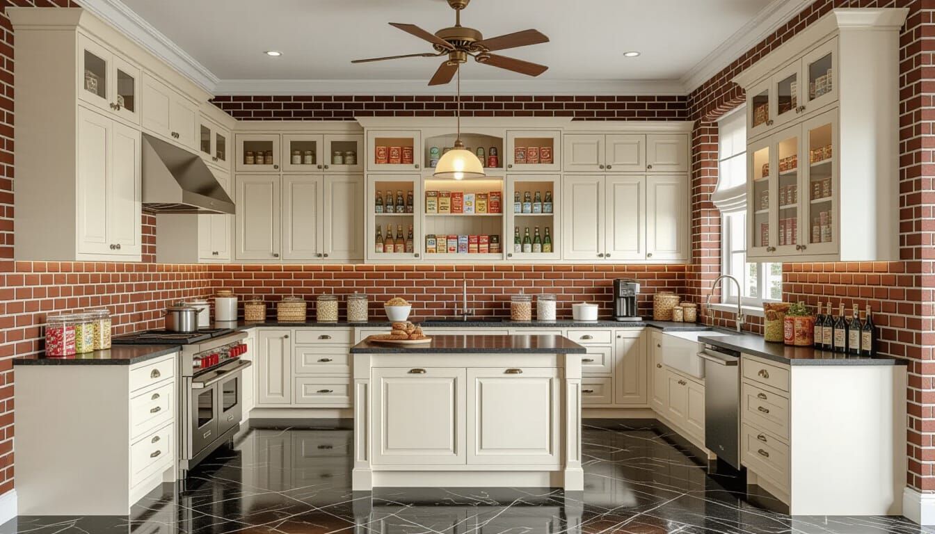 Victorian Storage Room with Red Brick and Ivory Cabinets