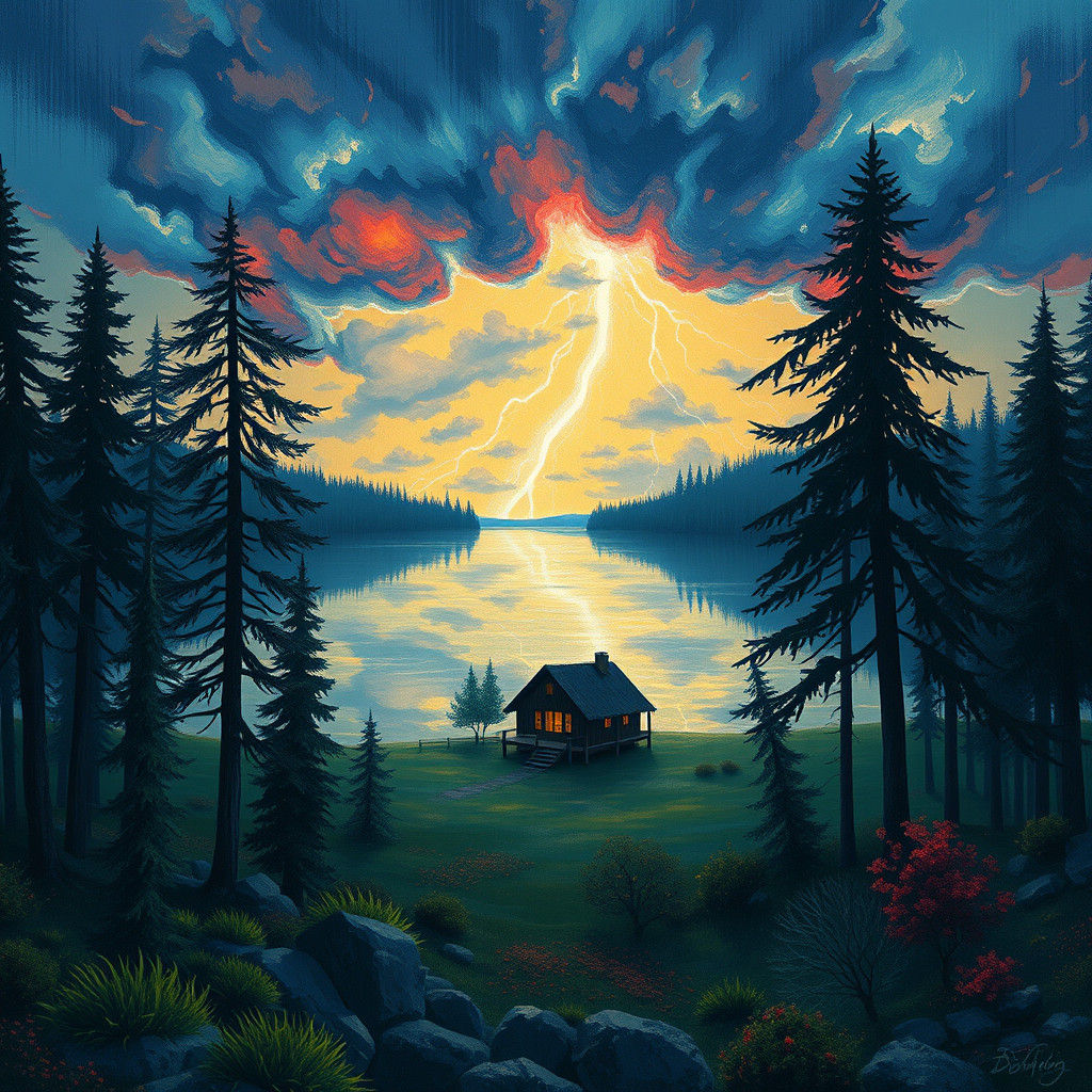 Thunderstorm over Cabin in Woods: Detailed Matte Painting