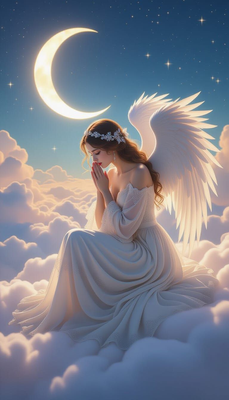 Angel Praying on Clouds in Dreamy Fantasy Style