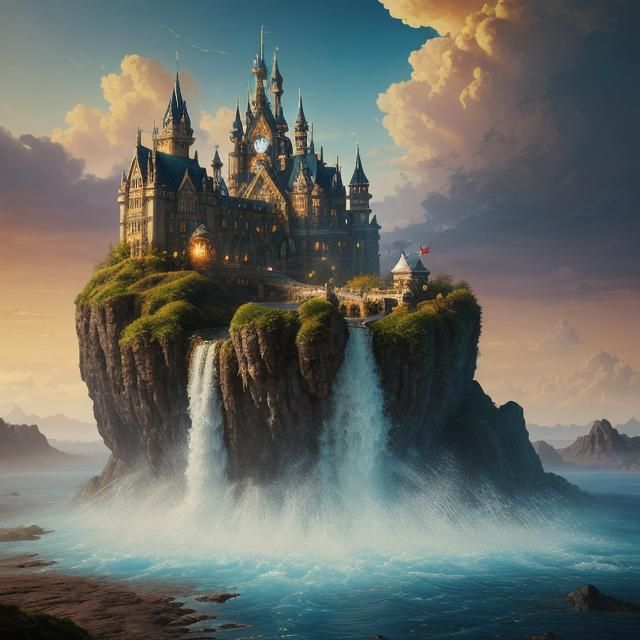 Ornate Teacup Castle Waterfall: Fantastical Matte Painting