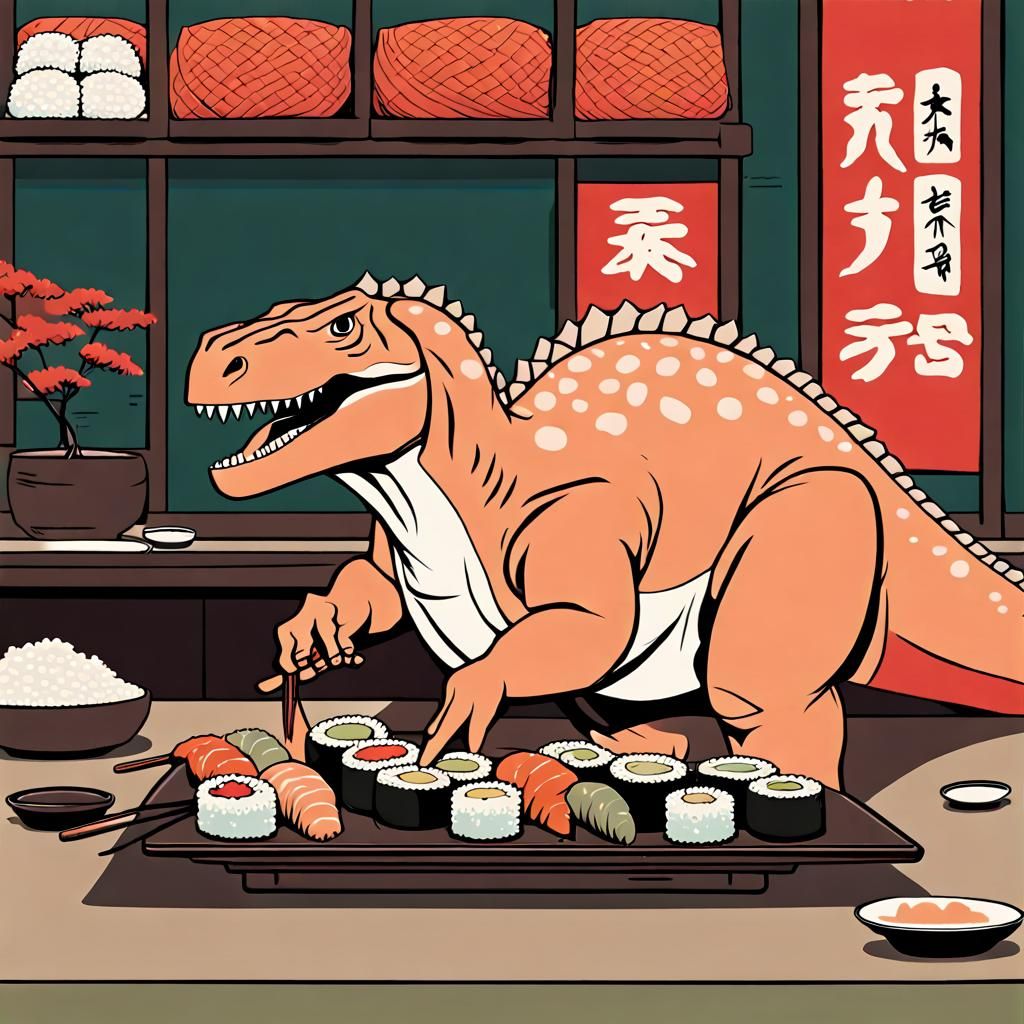 Dinosaur Eating Sushi in Ukiyo-e Vector Art
