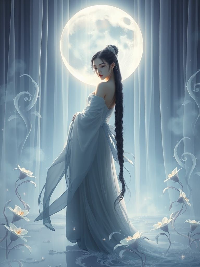 Mystical Princess in Moonlit Frosty Lilies Fractal Landscape