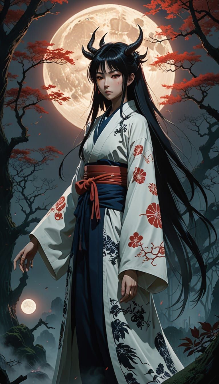 Regal Upper Moon Demon Amidst Dark Forest