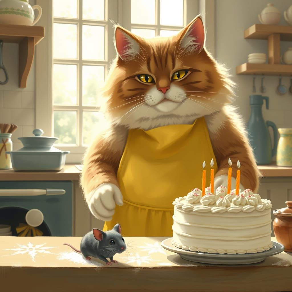 Whimsical Cat Bakes Birthday Cake in Sunlit Kitchen