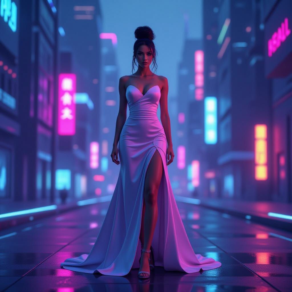 Futuristic Woman in Neon Cityscape, Digital Art