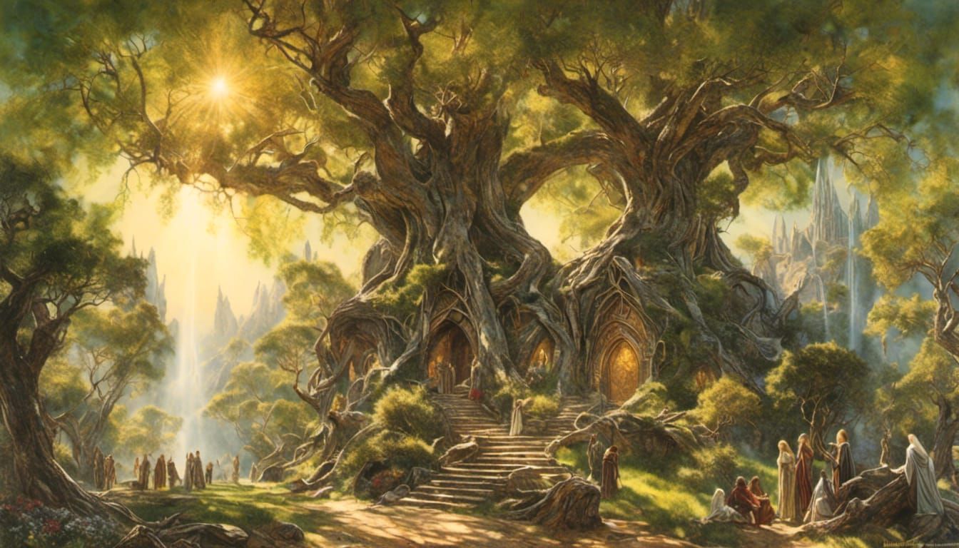 Enchanting Elven City in Giant Trees, Golden Sunlight