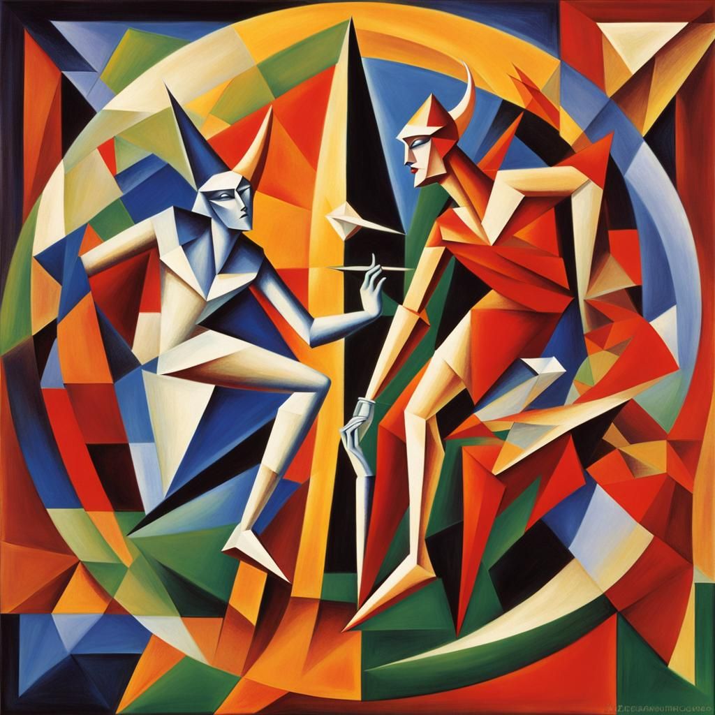 Satan Saturn and Lucifer Venus are playing their wicked game abstract cubism Euclidean Georgy Kurasov Albert Gleizes