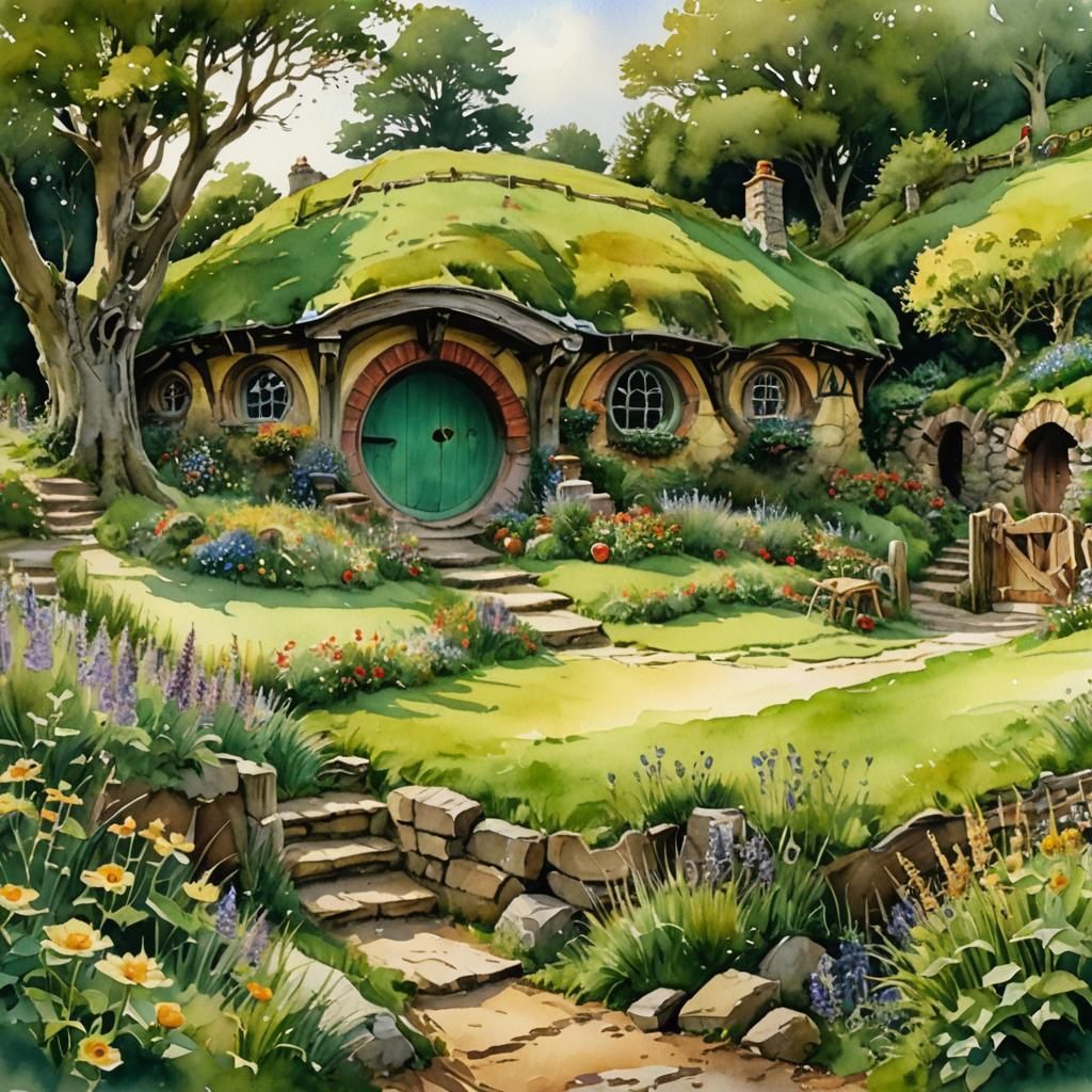 Watercolor Hobbit Hole on an English Hillside