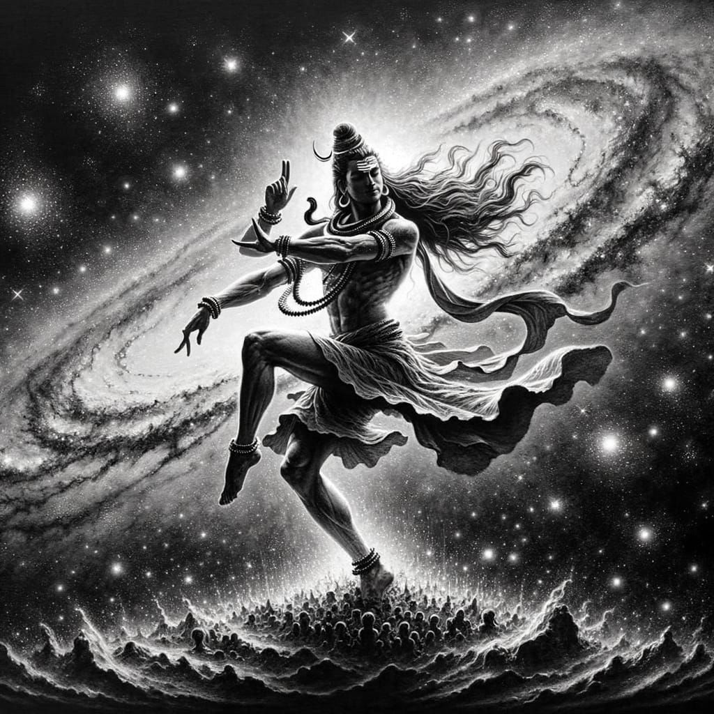 Shiva Nataraj Dancing Before Galaxy in Charcoal