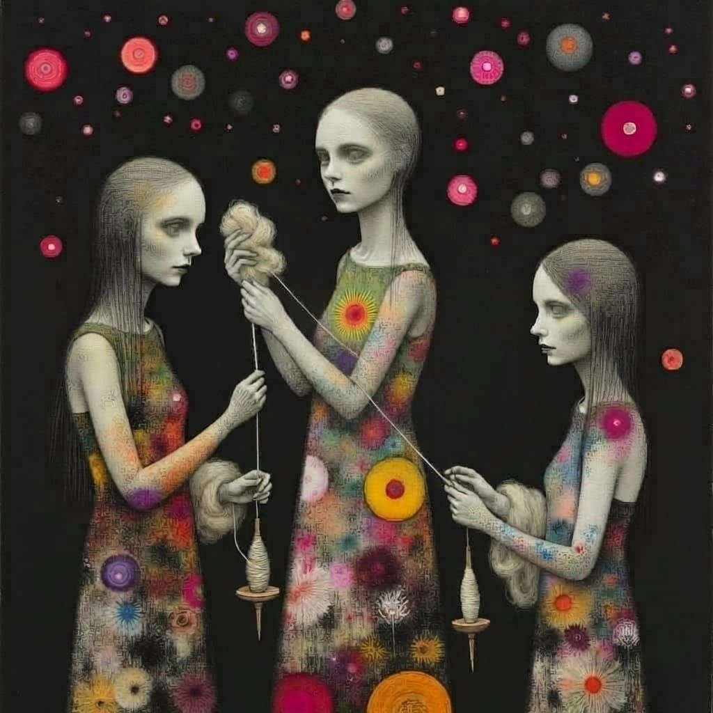 The Fates Spinning Life's Thread in Ethereal Darkness