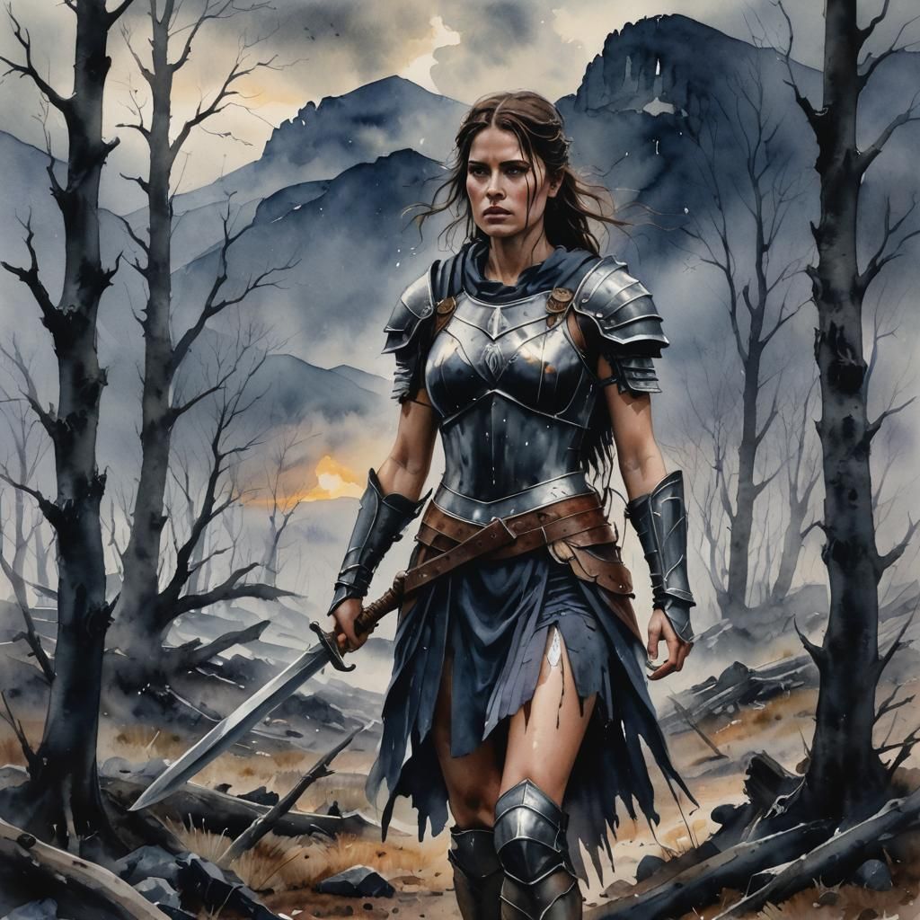 Warrior Woman in Land of the Dead, Watercolor Portrait