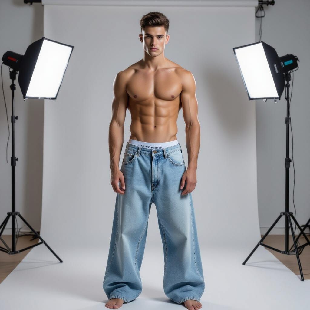 Male Model in Baggy Jeans: Minimalist Studio Fashion