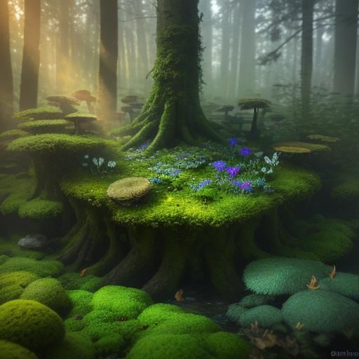 Magical Forest Log with Mushrooms and Birds