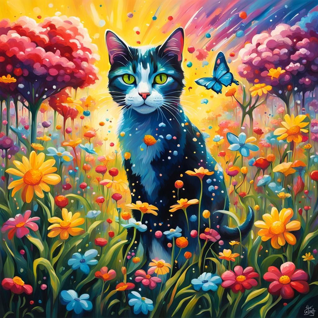 Spring Field with Cats in Graffiti Art Style