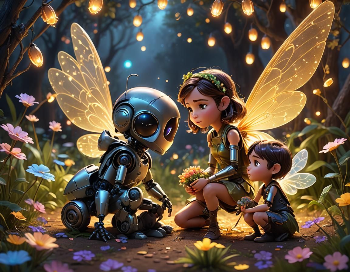 Pixar-Inspired Fairy Robot Scene with Fireflies